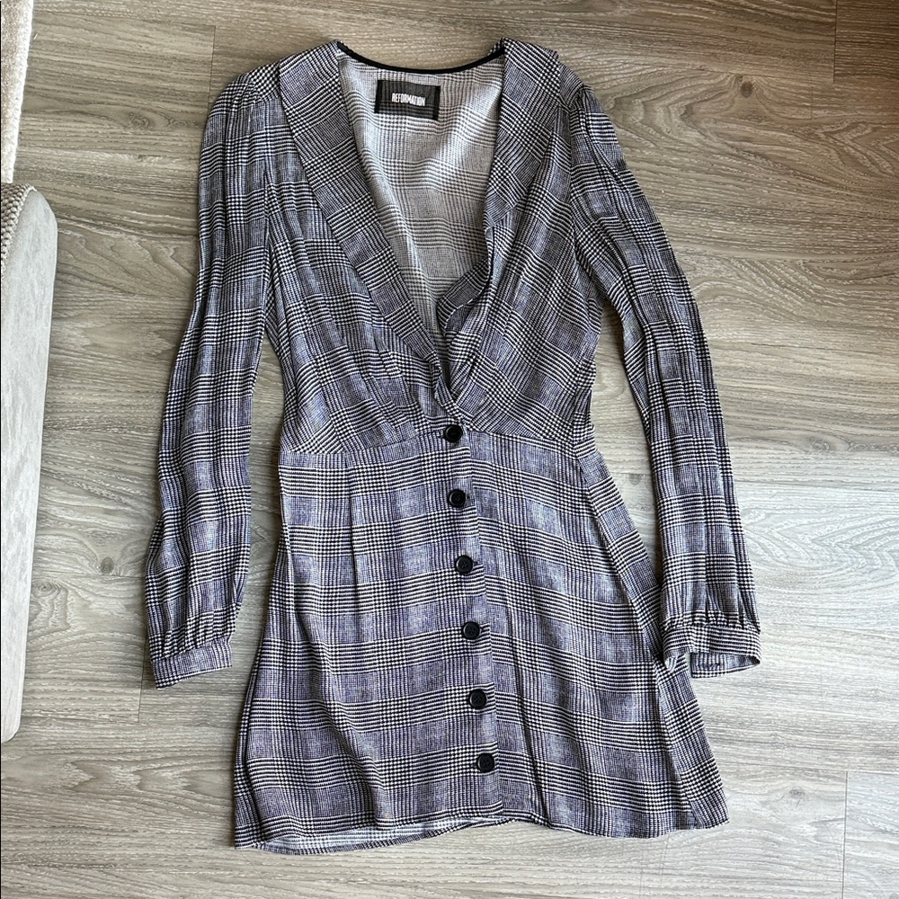 Reformation Plaid V-Neck Button-Down Dress